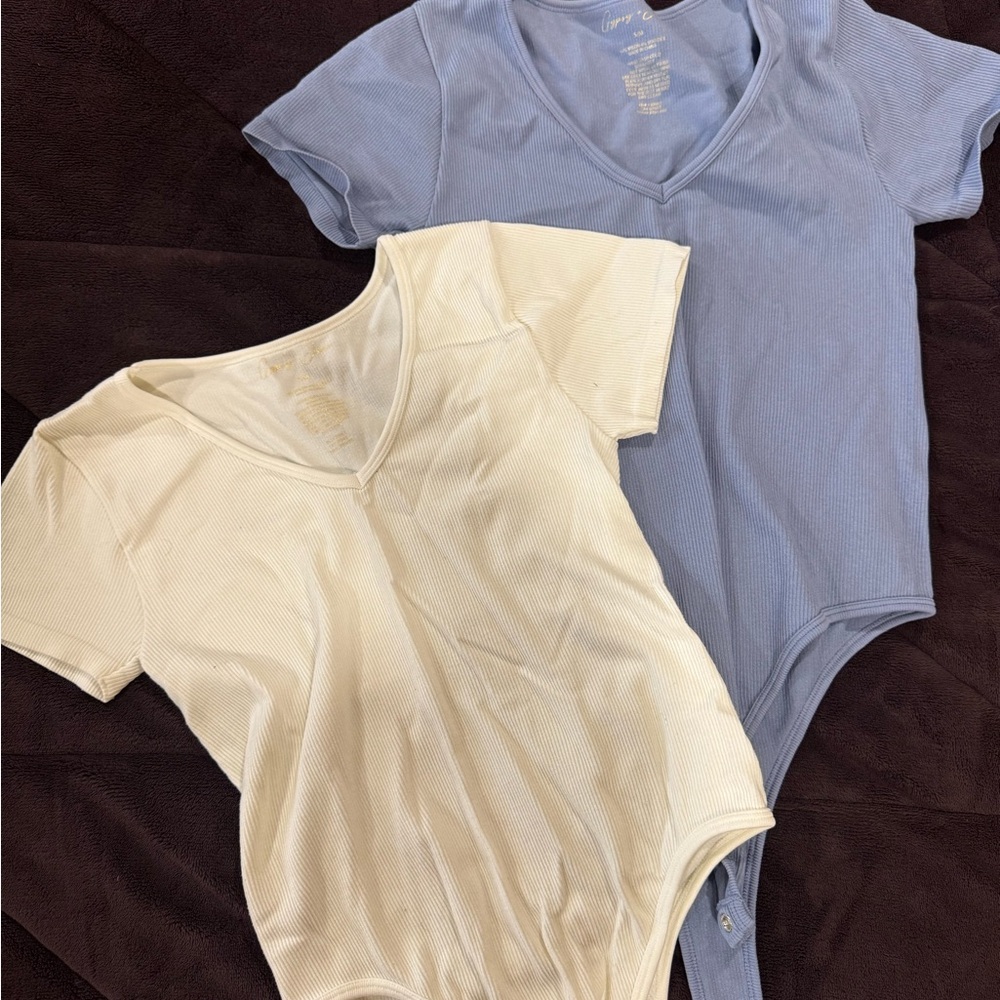 Blue and Cream V-Neck Bodysuits